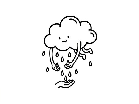 Whimsical cartoon drawing of a smiling cloud raining into an open hand.