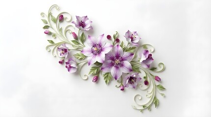 Fototapeta premium Exquisite Floral Arrangement Featuring Delicate Purple Clematis Blossoms and Intricate Swirling Foliage on a Clean White Background