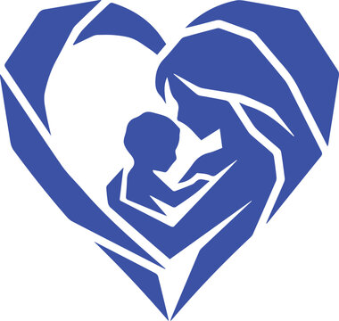 Blue mother and baby silhouette inside heart shape illustration with motherhood silhouette parenting graphic family love maternal love baby care child silhouette illustration