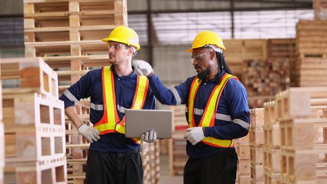 A skilled carpenter wearing protective equipment assembles a wooden pallet among stacked lumber inside an industrial woodworking factory.