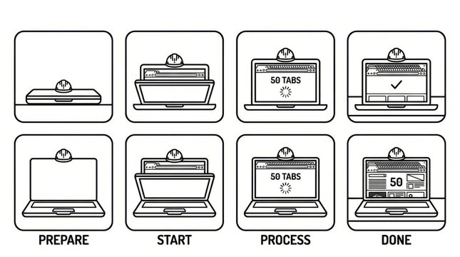 Illustrated workflow steps showing laptop computer process stages from preparation to completion.