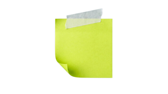 Lime green sticky note attached with tape with corner attached surface on transparent background