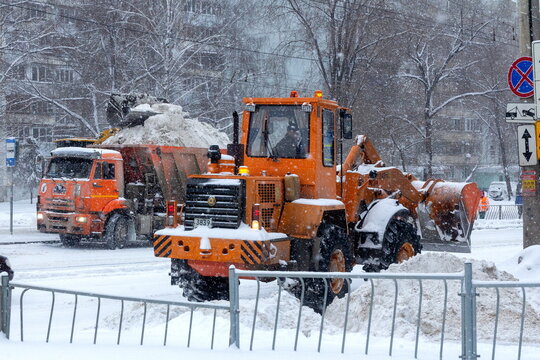 Samara, Russia &ndash; February 3, 2026. A powerful bulldozer clears snow from Stara-Zagora Street during a major anticyclone.
