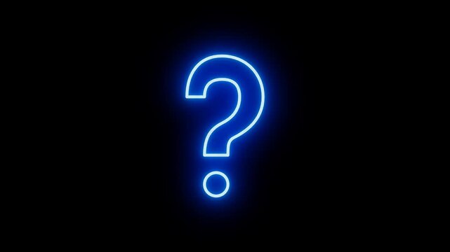 Glowing blue neon question mark sign flickering on a dark black background