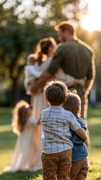 Joyful family gathering at sunset in a beautiful green park Generative AI