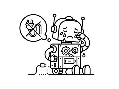 Cartoon robot with broken parts and repair thought bubble.
