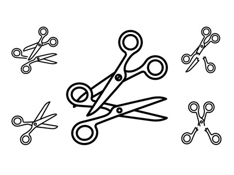 Set of stylized scissors in various orientations and designs.