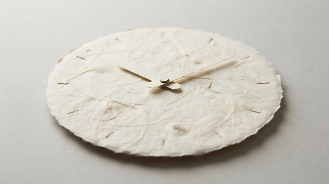 Round wall clock made of textured handmade recycled paper on a neutral background