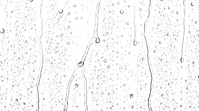 Branching water trickles zigzag downward through dense droplet fields on a wet glass surface as isolated PNG with transparent background