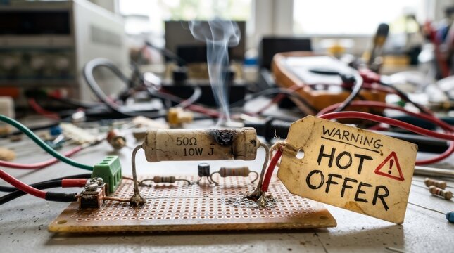 Burning resistor on protoboard in cluttered electronics workshop