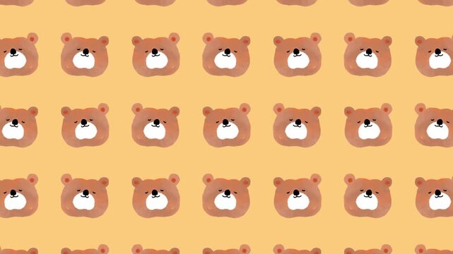 可愛いクマの顔が敷き詰められた黄色のシームレスパターン動画背景