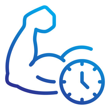Longevity and anti-aging science icon featuring a flexed muscle arm and clock symbolizing vitality, life extension, physical endurance, and healthy aging for biohacking and wellness concepts.