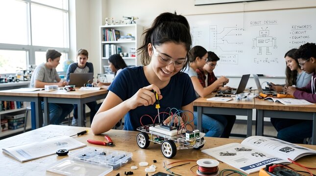 A group of diverse high school students collaborating in a modern STEM classroom, with a young girl in the foreground smiling while assembling a DIY electronic robot car using tools and components.