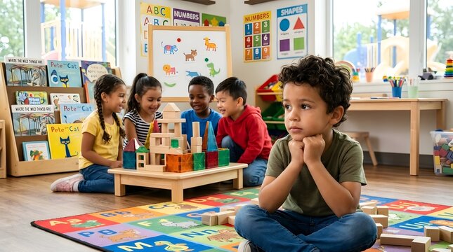 Thoughtful young boy sitting on a colorful alphabet rug in a preschool classroom, looking away while a group of diverse classmates play with wooden building blocks in the background.