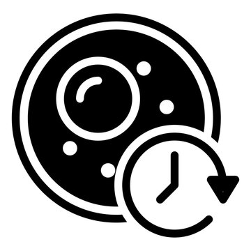 Professional vector icon for longevity and anti-aging science featuring a biological cell combined with a reverse clock symbol to represent rejuvenation, life extension, and cellular health.