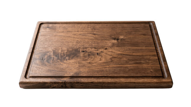 PNG Rectangular Wooden Cutting Board with Raised Edge and Rich Grain Texture for Kitchen Prep, Serving and Rustic Food Styling on White Background
