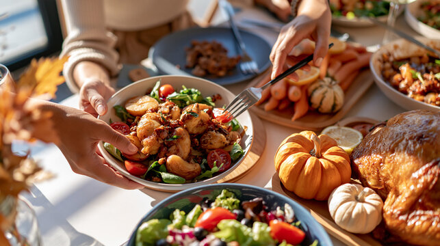 Thanksgiving potluck spread with festive dishes and eager hands on a cozy dining table Generative AI