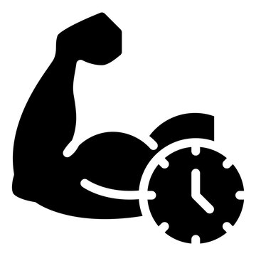 Solid longevity icon featuring a strong flexed muscle arm combined with a clock symbol, representing the science of anti-aging, healthy aging, physical vitality, and lifelong strength maintenance.