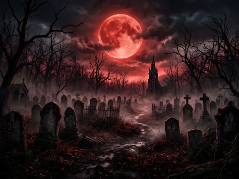 Cemetery illuminated by a glowing red blood moon in a dark stormy night sky filled with clouds and bare trees.