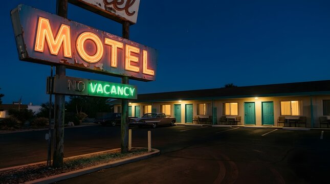 Vintage roadside motel at night with glowing neon orange sign and green no vacancy signal, classic American retro atmosphere with parked old cars under a twilight sky.