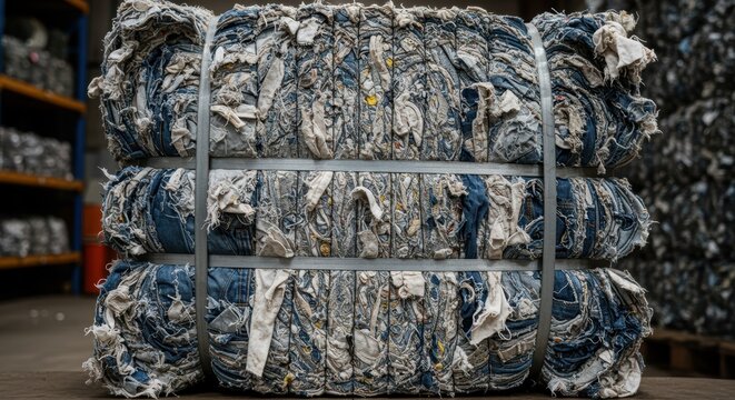 denim fabric bales stacked in warehouse for recycling and sustainable production