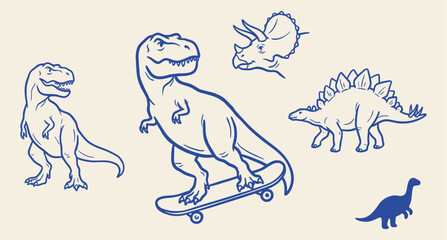 Blue line art vector set of cute dinosaurs including T-Rex on a skateboard, triceratops, and stegosaurus © Future