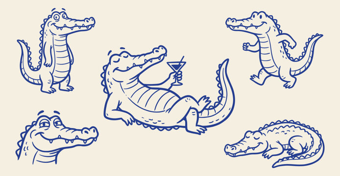 Blue line art vector set of cute alligators and crocodiles in various playful poses