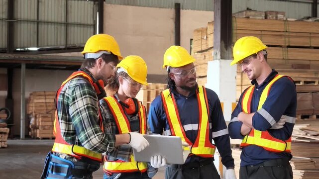 A diverse team of carpenters, engineers, and factory workers reviews plans on a laptop inside a lumber warehouse surrounded by stacked wood.