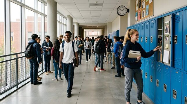 Diverse multi-ethnic high school students walking and talking in a bright modern hallway between classes, a teenage girl standing by blue lockers holding books while classmates move through corridor.