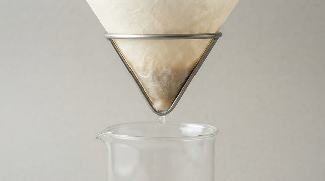 Coffee dripping from a paper filter into a glass beaker for pour over brewing process