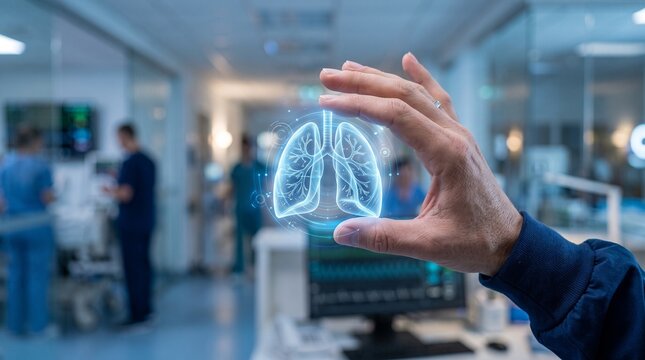 Medical holographic lungs and human respiratory system analysis. Doctor holding glowing digital organ projection in modern hospital. Advanced healthcare technology and diagnostics visualization
