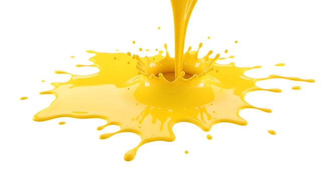 Yellow liquid dripping from a small opening onto a clean surface isolated on transparent background