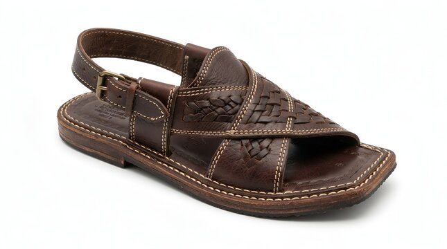 Traditional handcrafted brown leather peshawari chappal sandal footwear isolated on white background
