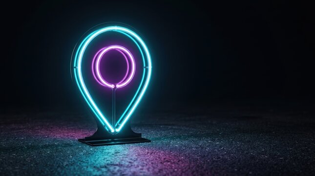 Glowing neon map pointer sign with cyan and purple light rings standing on dark textured asphalt ground at night with soft reflections on the road surface