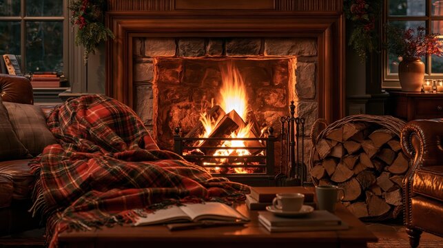 Cozy fireplace with warm glowing embers a plaid blanket draped over a leather sofa and a book on a coffee table during winter evening