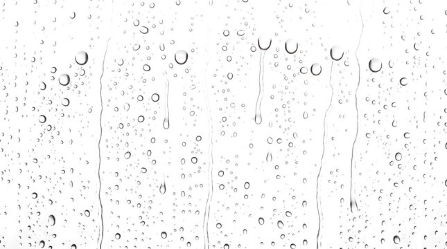 Long thin vertical trickles run continuously downward through evenly spread droplets on wet glass as isolated PNG with transparent background