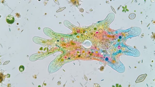 Hyper realistic microscopic view of living amoeba proteus organism moving with pseudopodia in pond water ecosystem
