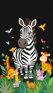 Whimsical illustration of a zebra surrounded by playful safari animals on a black background, watercolor, adventure