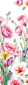 Watercolor roses and crocuses form a whimsical background for hand-drawn bouquets of flowers, garden, watercolor