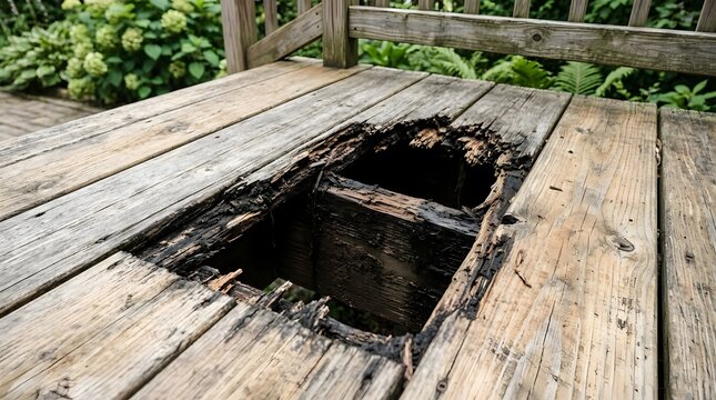Severely Damaged and Rotten Wooden Decking Planks with a Large Hole Showing Structural Decay and Termite Damage on an Outdoor Terrace or Patio in a Garden Setting Requiring Major Repair