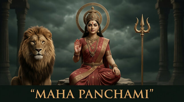 Majestic goddess durga seated beside lion and golden trident for maha panchami durga puja navratri devotional festival worship background illustration indian celebration