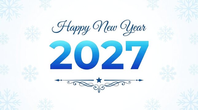 Elegant happy new year 2027 greeting card design with blue gradient numbers and decorative flourishes on a clean white background
