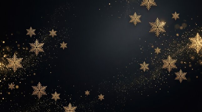 Elegant background featuring glowing golden snowflakes scattered on a dark black surface with copy space for winter holiday season designs