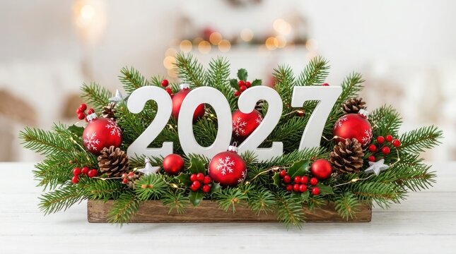 Festive christmas centerpiece featuring the year 2027 in white numbers decorated with pine branches red ornaments and pinecones on a table