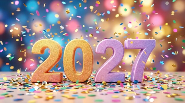 Colorful 2027 new year celebration background with festive balloons and falling confetti on a reflective surface for holiday greeting cards