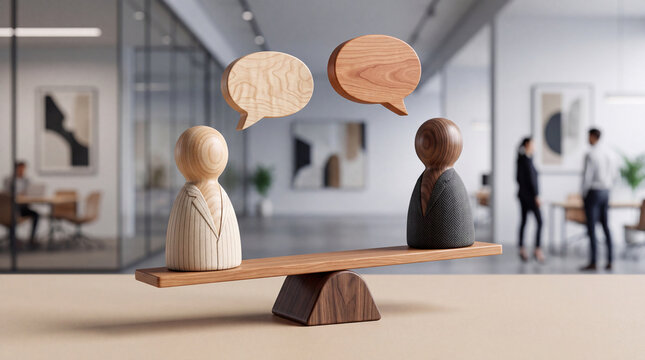 Conceptual image of two wooden figures balancing on a wooden seesaw with speech bubbles in a modern office setting, representing business negotiation, equality, and effective communication.