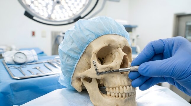 Maxillofacial Surgery Simulation on a Human Skull Model with Surgical Cap in Operating Room, Demonstrating Titanium Bone Plate and Screw Fixation for Facial Reconstruction Training