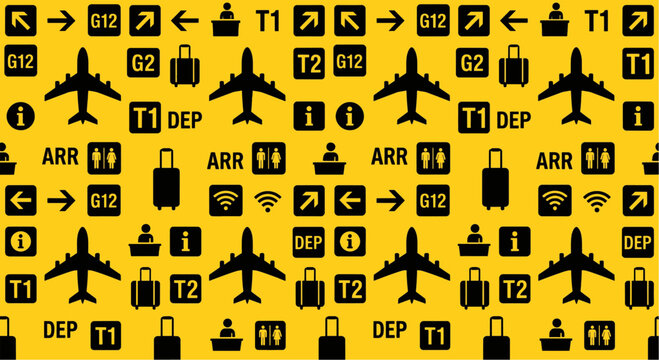Airport Wayfinding Signage and Aviation Seamless Pattern Flat Vector
