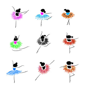 Hand drawn collection of colorful dancing figures wearing flowing skirts in different bright colors and expressive poses. Suitable for ballet, dance classes, performance events, children&rsquo;s activities,