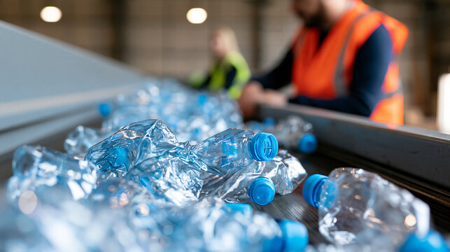 Crushed plastic bottles move along a conveyor belt in a busy recycling facility Generative AI